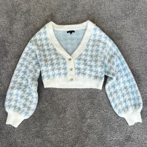 Kendall & Kylie Blue / White Houndstooth Cropped Cardigan Size Small